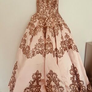 Chic Pink Gown with Brown Embroidery